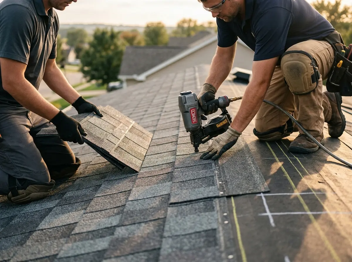 Professional roofer working on a residential roof in North Logan